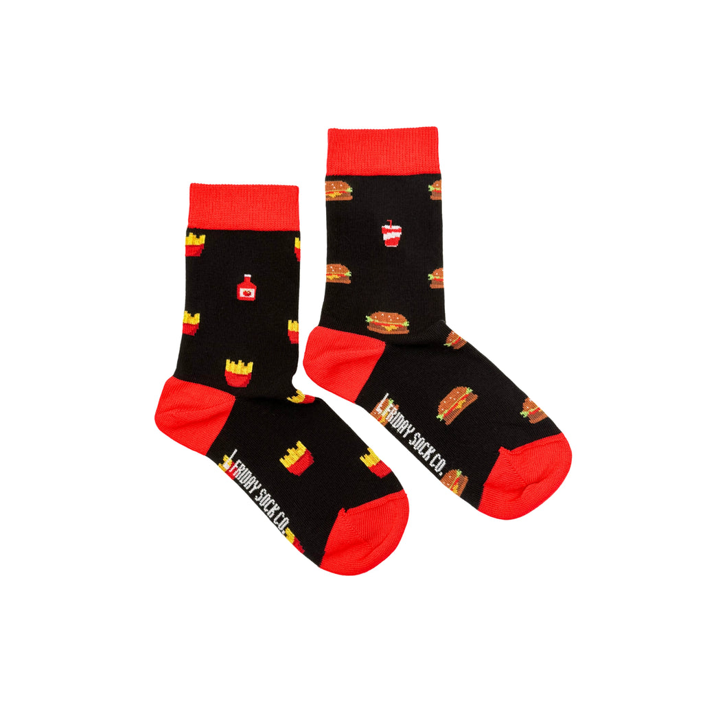 Kids’ mismatched burger and fries socks – a fun and tasty fast-food-inspired design!