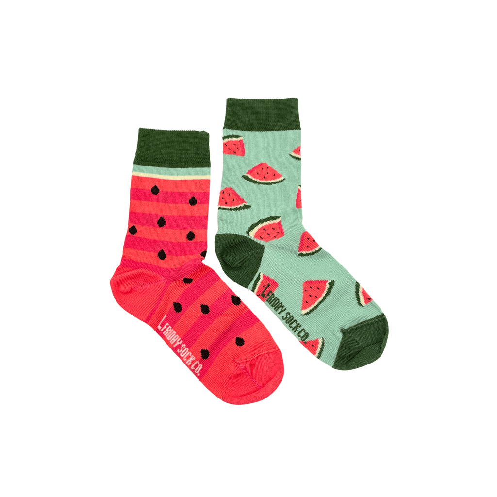 Kids’ mismatched socks with fun watermelon designs – bright, fruity, and playful!