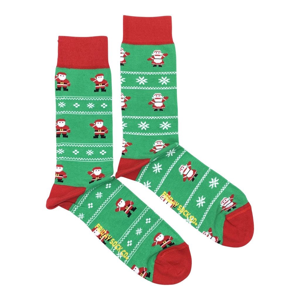 green and red Christmas socks with Mr. and Mrs. Clause