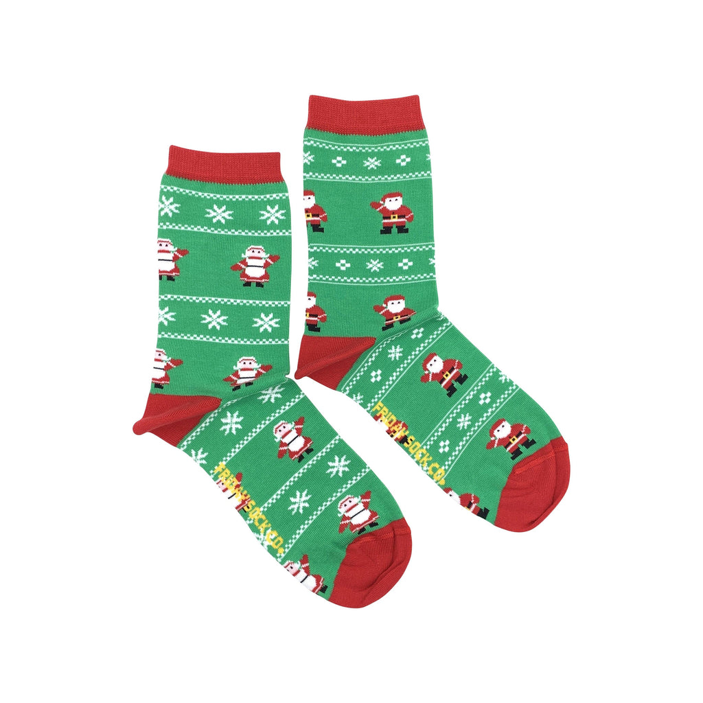 green and red Christmas socks with Mr. and Mrs. Clause